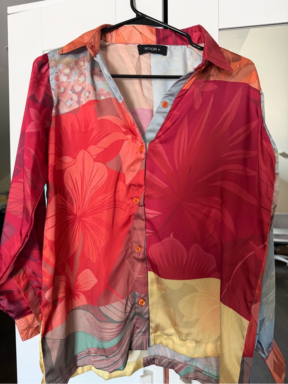 Floral Colorblock Button-Down Blouse and pants- Red Pink (coord set)